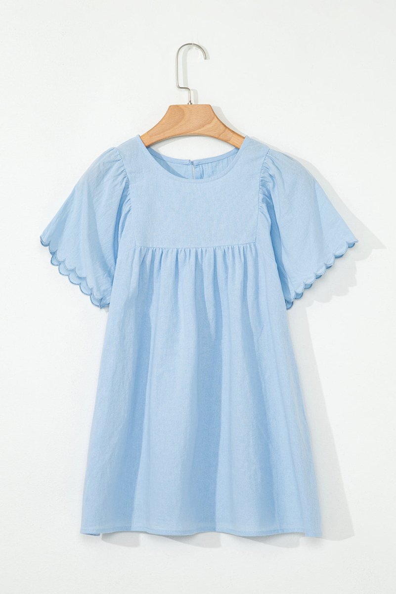 Beau Blue Solid Color Embroidered Scalloped Sleeves Crew Neck Blouse - Love Salve